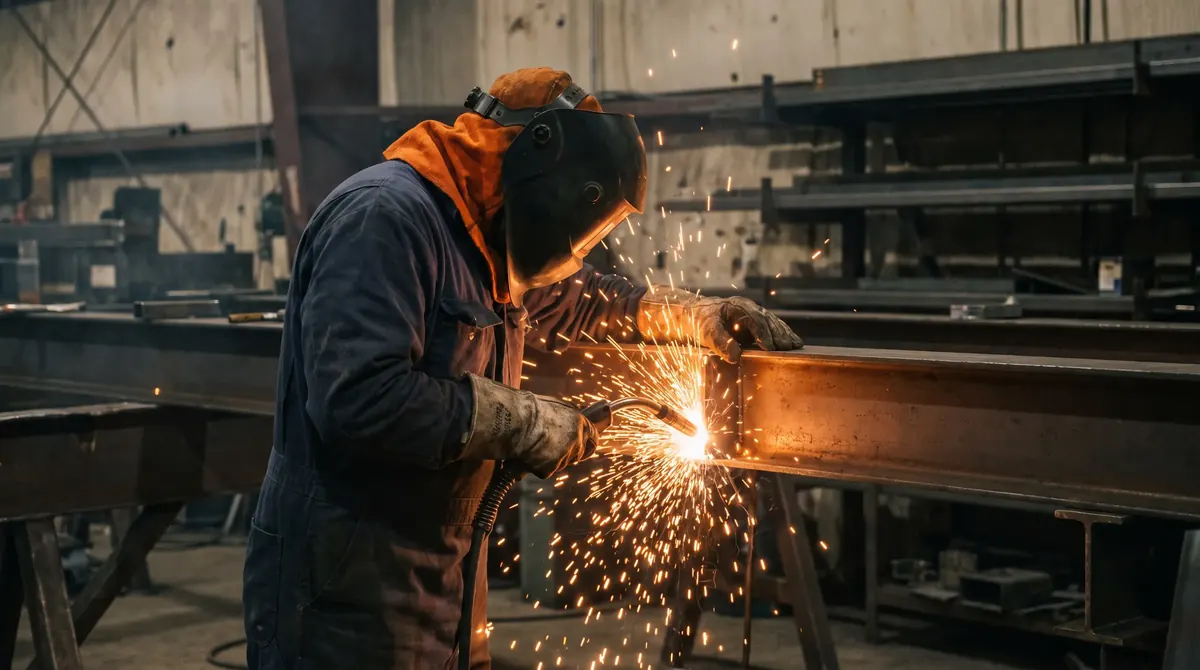 Welder in a navy FR coverall and orange FR hood working on a steel beam